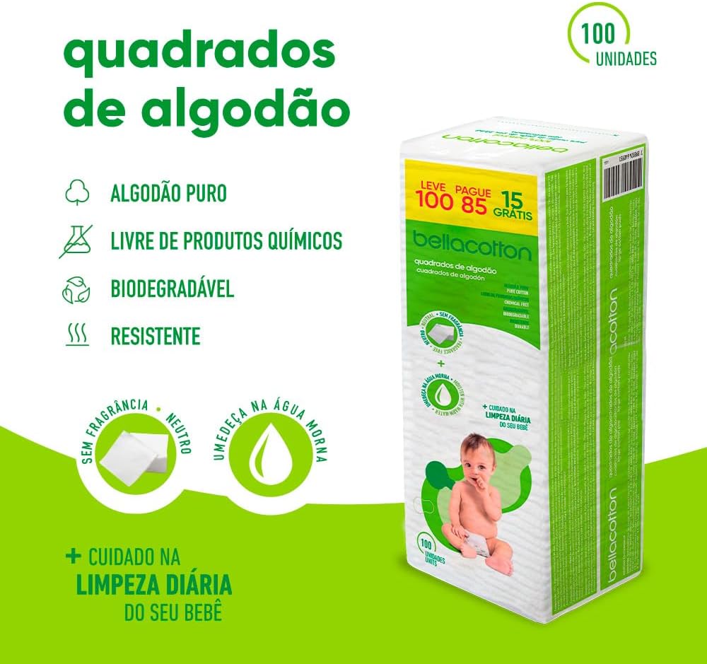 Bellacotton Algodao Quadrado Baby Bellacotton 100 Un. (Lv100Pg85) - Imagem 3