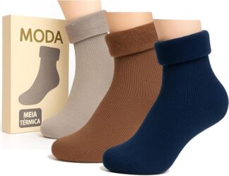 Kit 3 Pares Meia Térmica Flanelada Fleece Unissex, Meias de Inverno para Frio Intenso