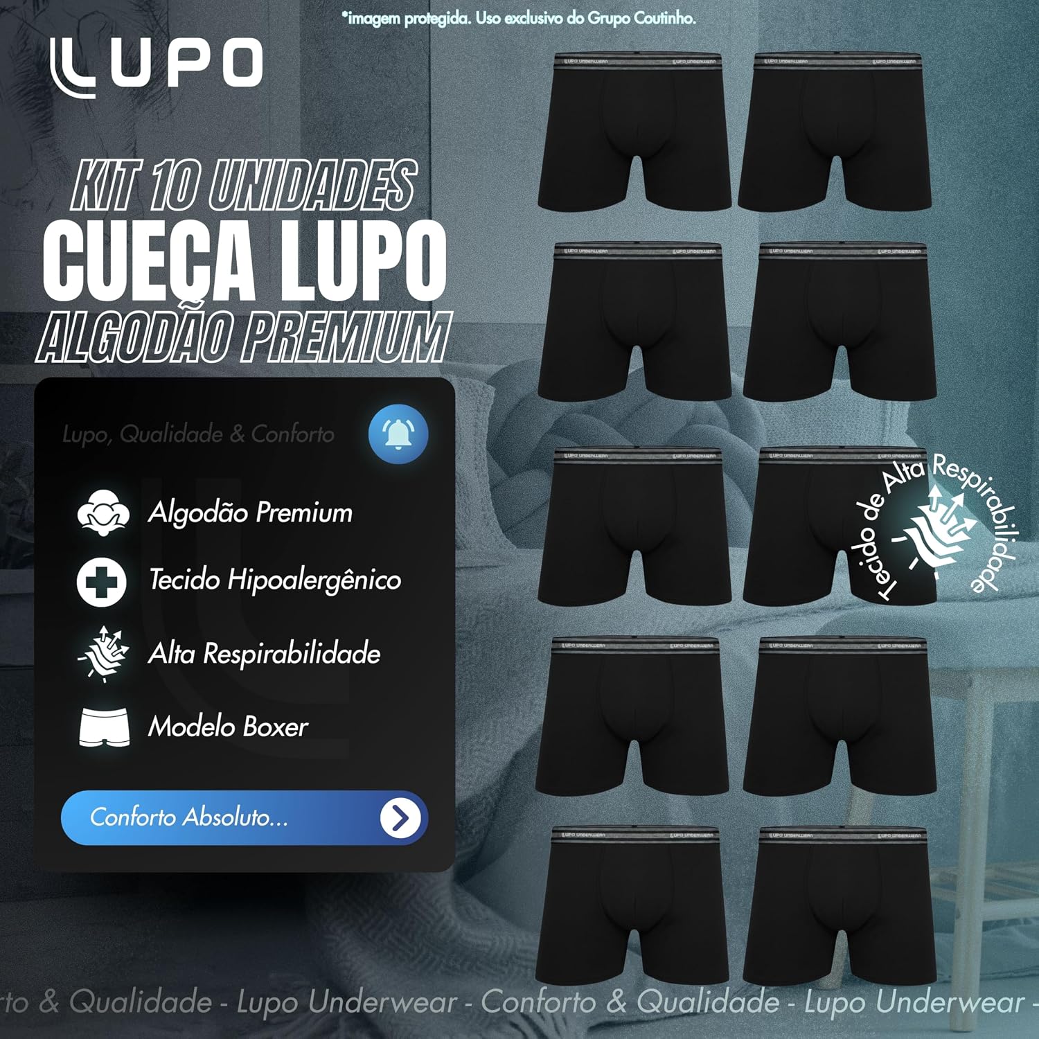 Kit 10 Cueca Boxer Lupo Algodão Cotton Respirável Masculina - Imagem 3