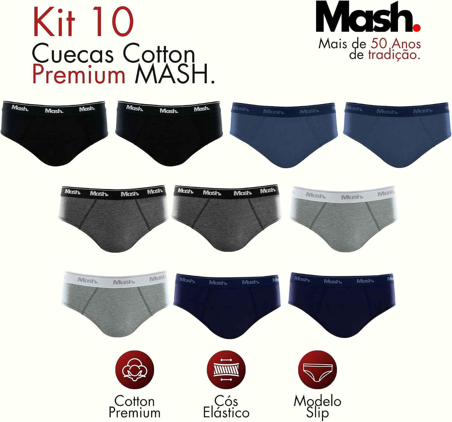 Kit 10 Cuecas Slip Algodão Cotton Hipoalergênica Masculino Mash - Imagem 3