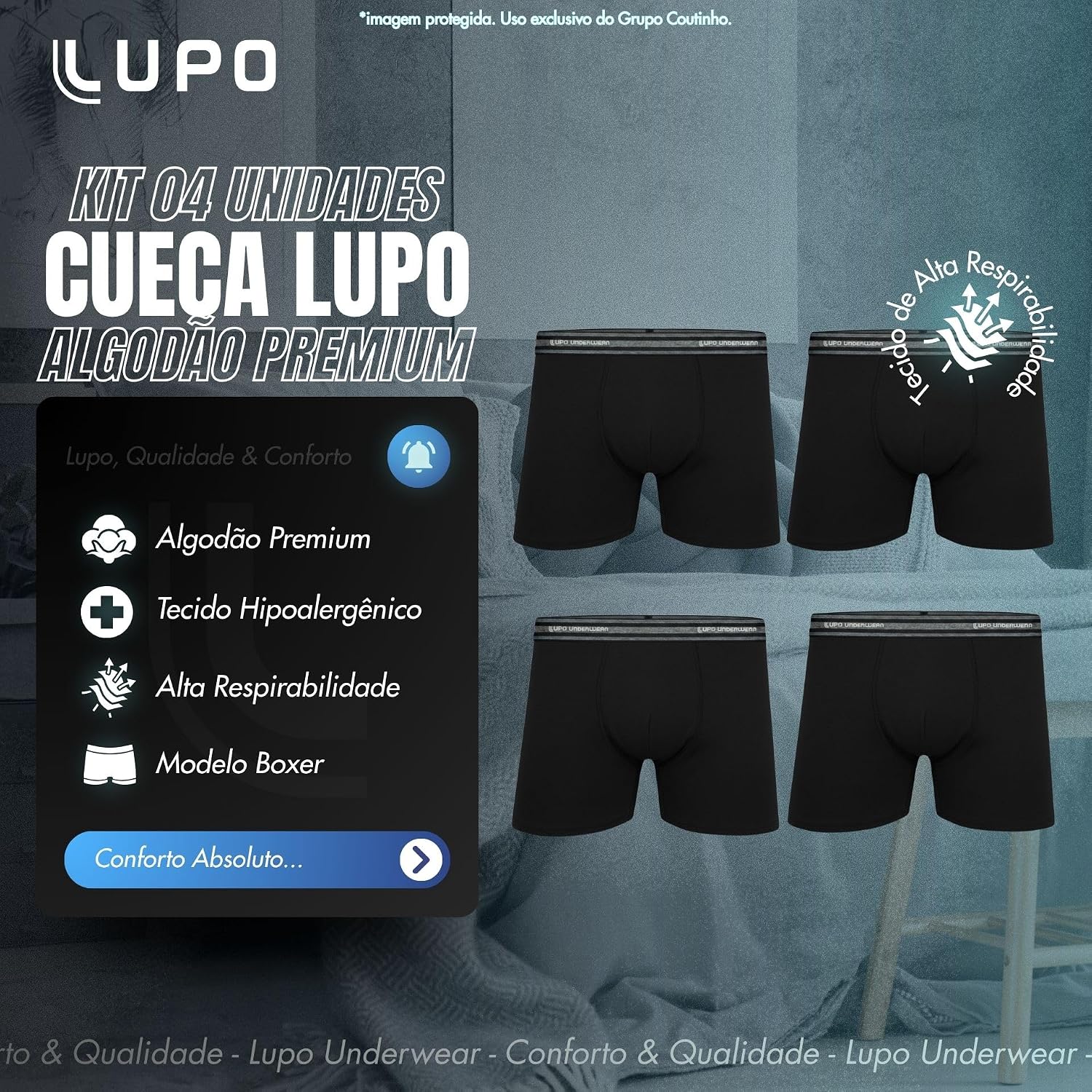 Kit 4 Cuecas Lupo Masculinas Boxer Algodão Macio Confortável Original - Imagem 3