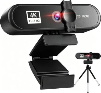 Webcam 4K Full HD com Foco Automático, 8 Megapixels, 2 Microfones com Cancelamento de Ruído, Ângulo de Visão 120°, Anti-Voyeur, com Tripé