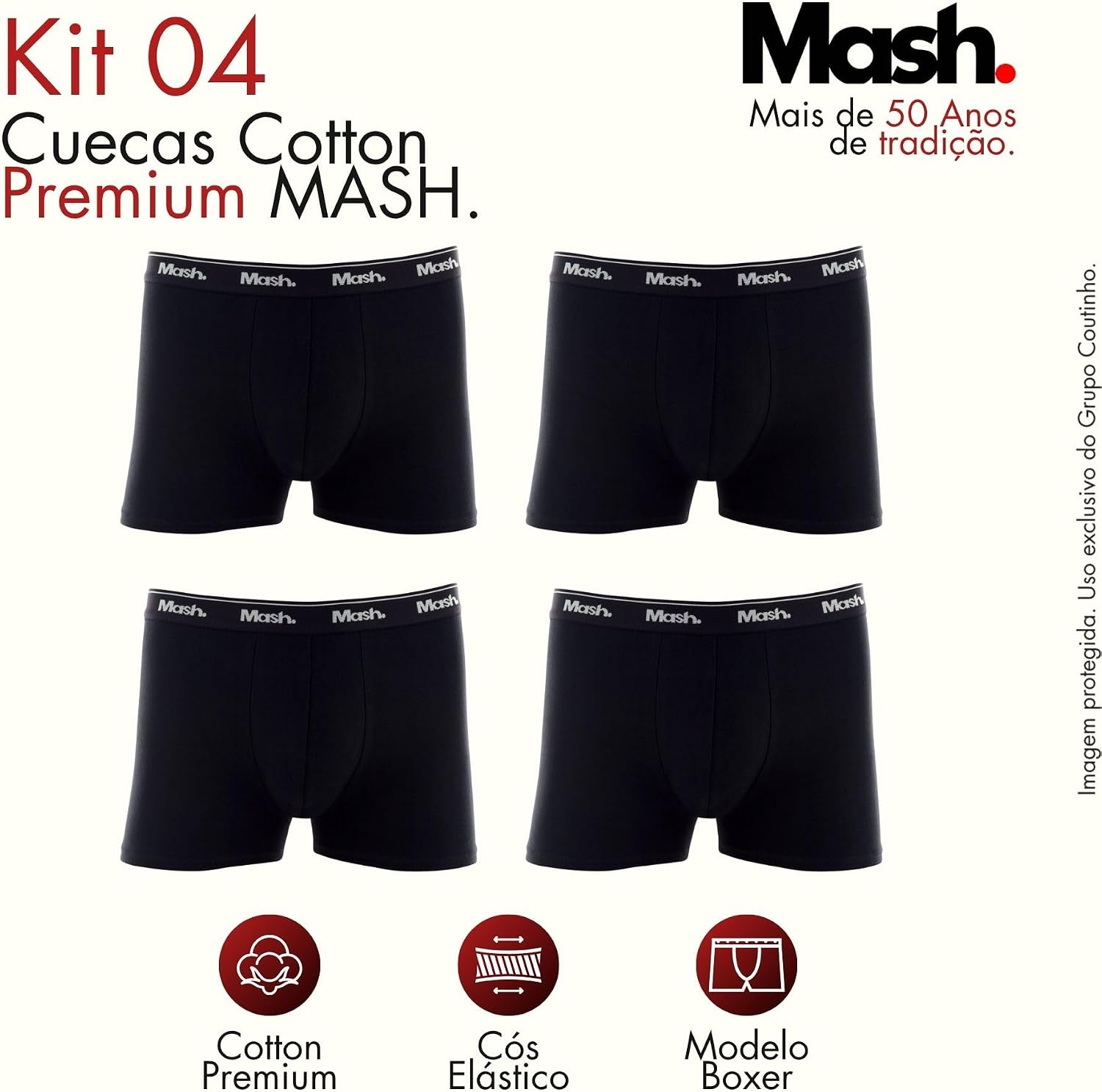 Kit 4 Cuecas Boxer Mash Algodão Cotton Respirável Masculina - Imagem 3