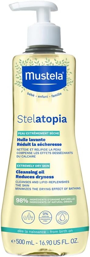 Mustela Stelatopia Óleo de Banho 500 ml – Limpeza e Hidratação suave para Peles Secas e extremamente Ressecadas – Seguro Para Bebês, Crianças e Adultos – Sem Fragrância – Stelatopia