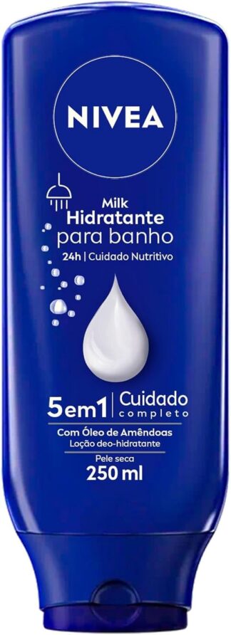 NIVEA Hidratante para Banho Milk 250ml, Cuidado Nutritivo 24h, Uso no Banho, Óleo de Amêndoas, Sensação de Maciez, Pele Seca