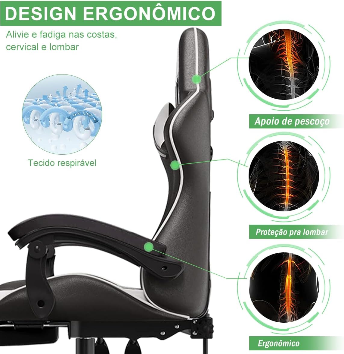Cadeira Ergonomica Gamer Com Apoio Para Os Pés Branco - Imagem 5