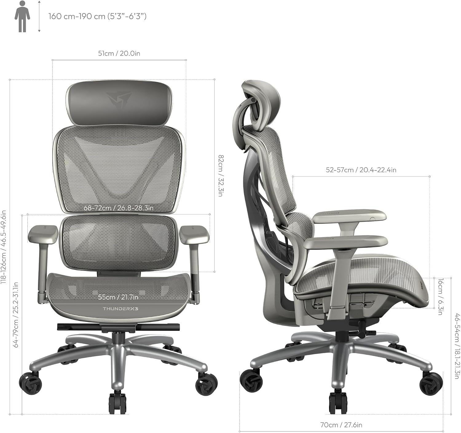 Cadeira Ergonômica XTC Mesh Cinza ThunderX3 - Imagem 2