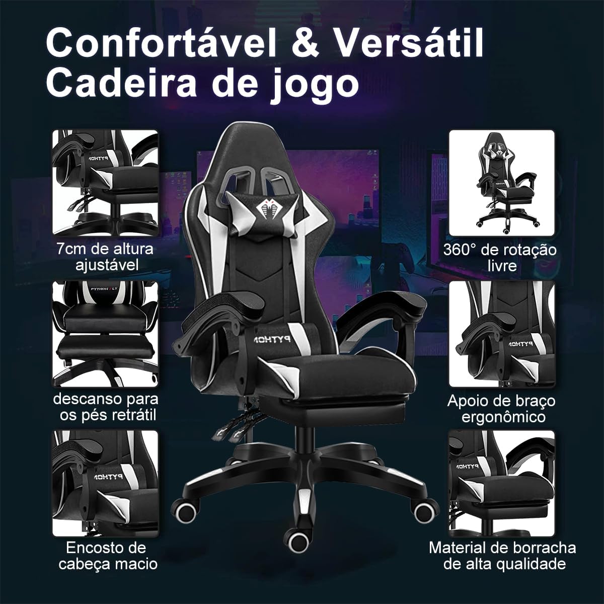 Cadeira Ergonomica Gamer Com Apoio Para Os Pés Branco - Imagem 3