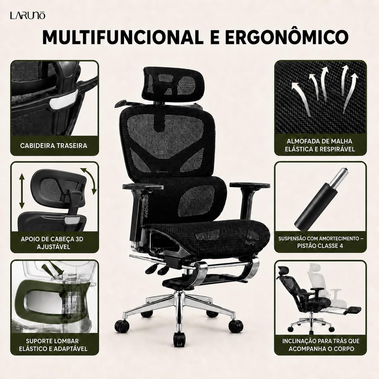 Cadeira de Escritório Ergonômica Soberano Preta 200kg - Imagem 7