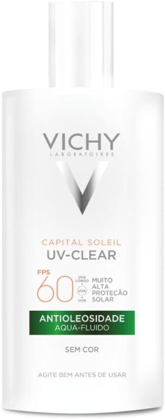 Vichy Capital Soleil UV-Clear Protetor Solar Facial Antioleosidade e Antiacne Sem Cor, Toque Seco FPS 60, com Niacinamida e Ácido Salicílico, Acabamento Invisível, 40g