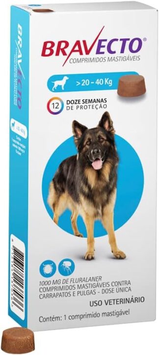 Bravecto® 1000mg Comprimido Mastigável Antipulgas e Carrapatos para Cães de 20 a 40kg – 1 Comprimido – MSD Saúde Animal Bravecto® 1000mg Comprimido Mastigável Antipulgas e Carrapatos para Cães de 20 a 40kg – 1 Comprimido – MSD Saúde Animal