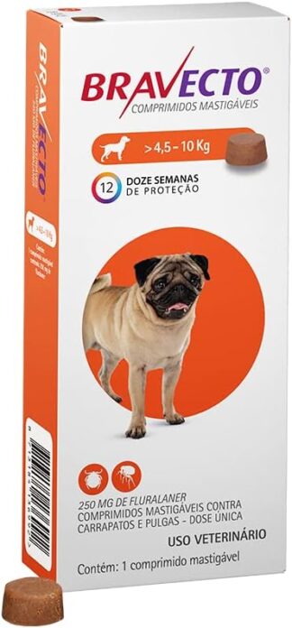 Bravecto® 250mg Antipulgas e Carrapatos para Cães de 4,5 a 10kg – 1 Comprimido Mastigável Bravecto® 250mg Antipulgas e Carrapatos para Cães de 4,5 a 10kg – 1 Comprimido Mastigável