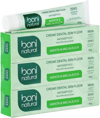 BONI NATURAL – Creme Dental com óleos naturais de Menta e Melaleuca Vegano e Natural, Sem Flúor, Sem Triclosan, 90g, 3 unidades Leve Mais Pague Menos