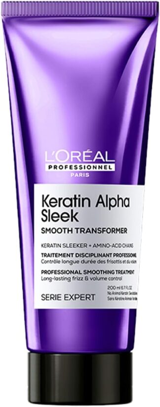 L’Oréal Professionnel Keratin Alpha Sleek Smooth Transformer Tratamento Profissional gradativo l 2 semanas de fios alinhados, controle de frizz e volume l Finalização rápida,brilho instantâneo l 200ml