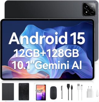 Tablet Xixaomiro S11 Pad 10.1″ Android 15, 128GB ROM + 12GB RAM, Tela 120Hz, Octa-Core, Câmera 13MP + 5MP, Bateria 8000mAh, Kit com Teclado, Mouse e Caneta Stylus para Trabalho e Estudos (Cinza claro)