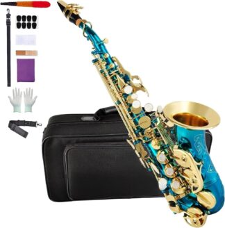 VEDO Saxofone Soprano Curvo em Bb, Cor Azul, Ideal para Iniciantes e Intermediários, com Estojo Rígido, Boquilha, Palhetas, Kit de Limpeza, Correia e Luvas Brancas