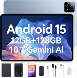 Tablet Xixaomiro S11 Pad 10.1″ Android 15, 128GB ROM + 12GB RAM, Câmera 13MP + 5MP, Bateria 8000mAh, Kit com Teclado, Mouse e Caneta Stylus para Trabalho e Estudos (Azul-celeste)